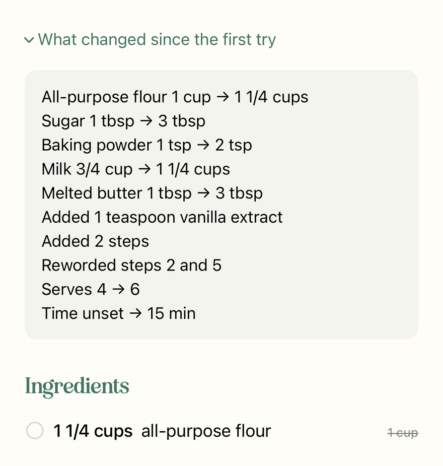Step 3, Compare: a recipe in Fomik listing what changed since the first try, with each old ingredient amount struck through beside the new one.