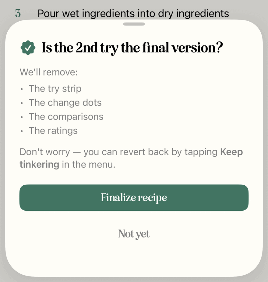 Step 4, Finalize: Fomik asking whether the second try is the final version, with a Finalize recipe button.